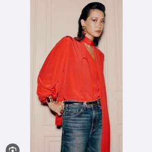 NWT Victoria Beckham 100% silk fire red neck tie blouse